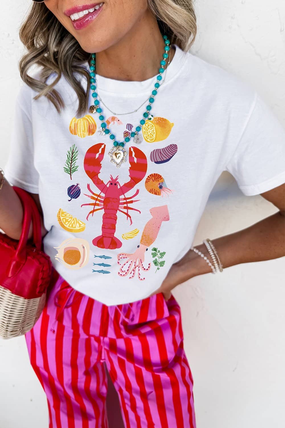 White Crawfish Food Ingredient Graphic Crewneck Tee