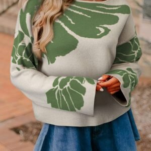 Green Bold Flower Pattern Wide Sleeve Baggy Sweater