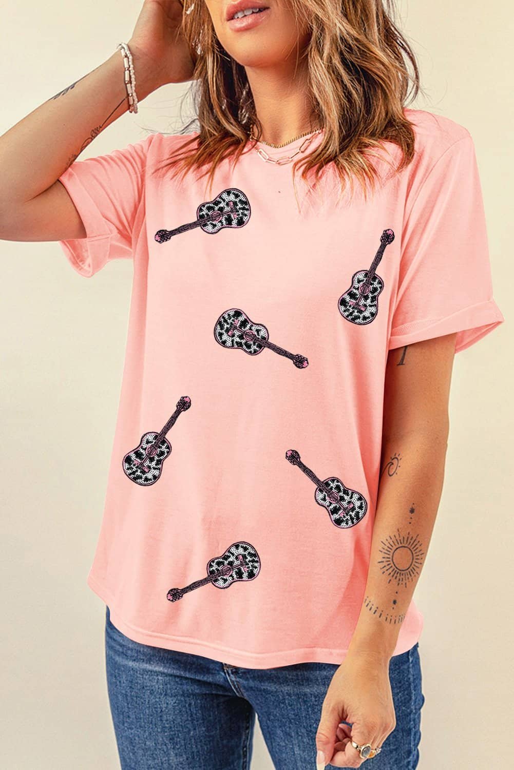 Pink Leopard Guitar Sequin Patch Crew Neck Tee