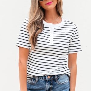 White Stripe Textured Short Sleeve Buttoned Henley Top