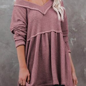 Pink Waffle Knit V Neck Long Sleeve Babydoll Top