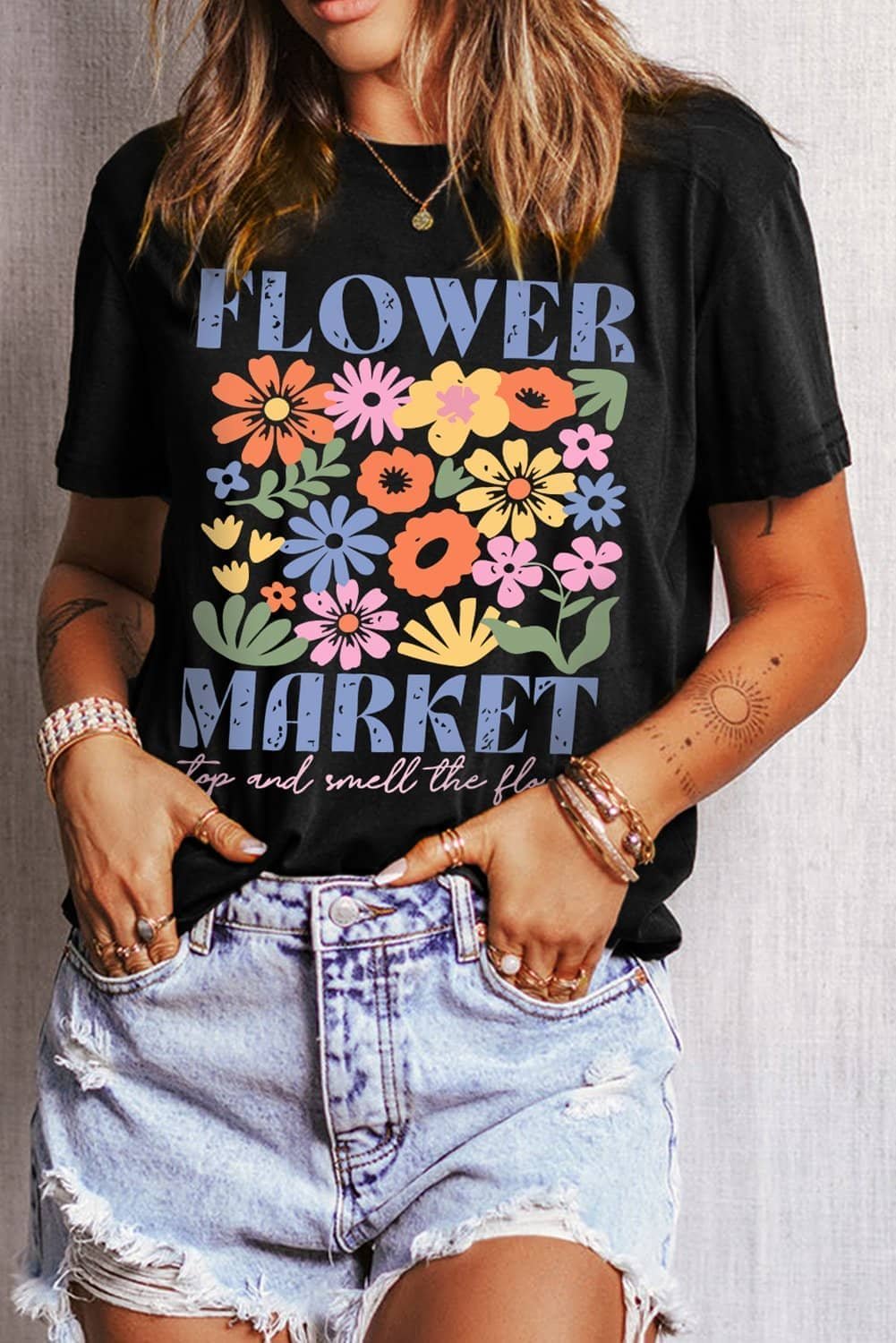 Black Flower Market Cotton Blend T Shirt