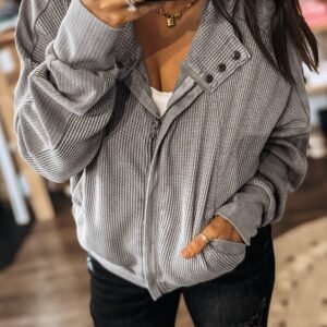 Gray Waffle Splicing Zip Up Front Button Hooded Jacket