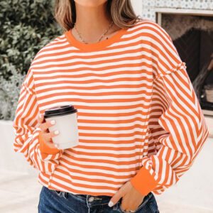 Orange Stripe Exposed Seam Drop Shoulder Casual Pullover Top