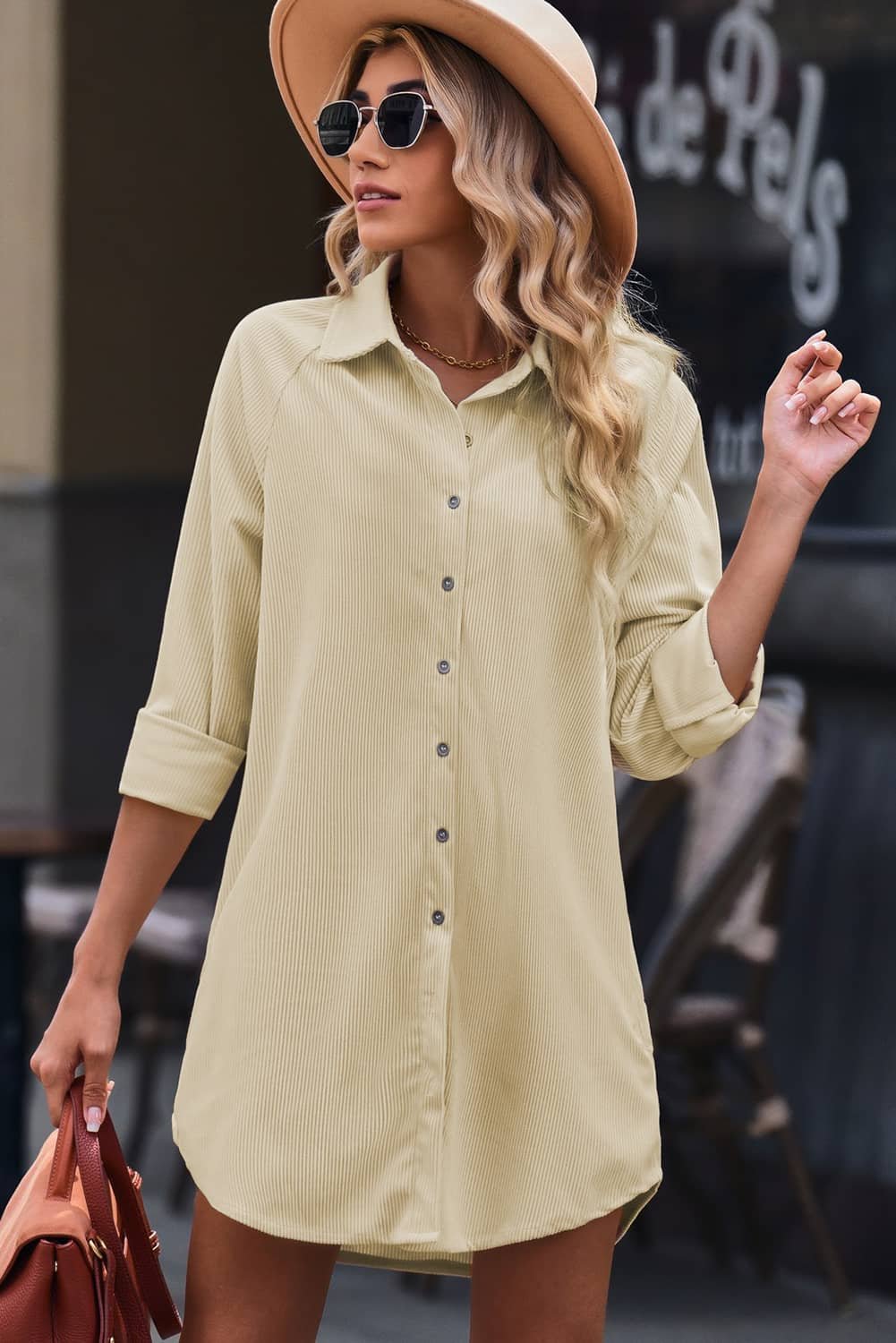 Beige Corduroy Shirt Style Full Button Long Sleeve Shift Mini Dress