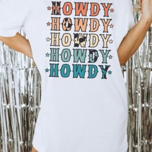 White Howdy Stars Print Crew Neck Loose Fit T Shirt