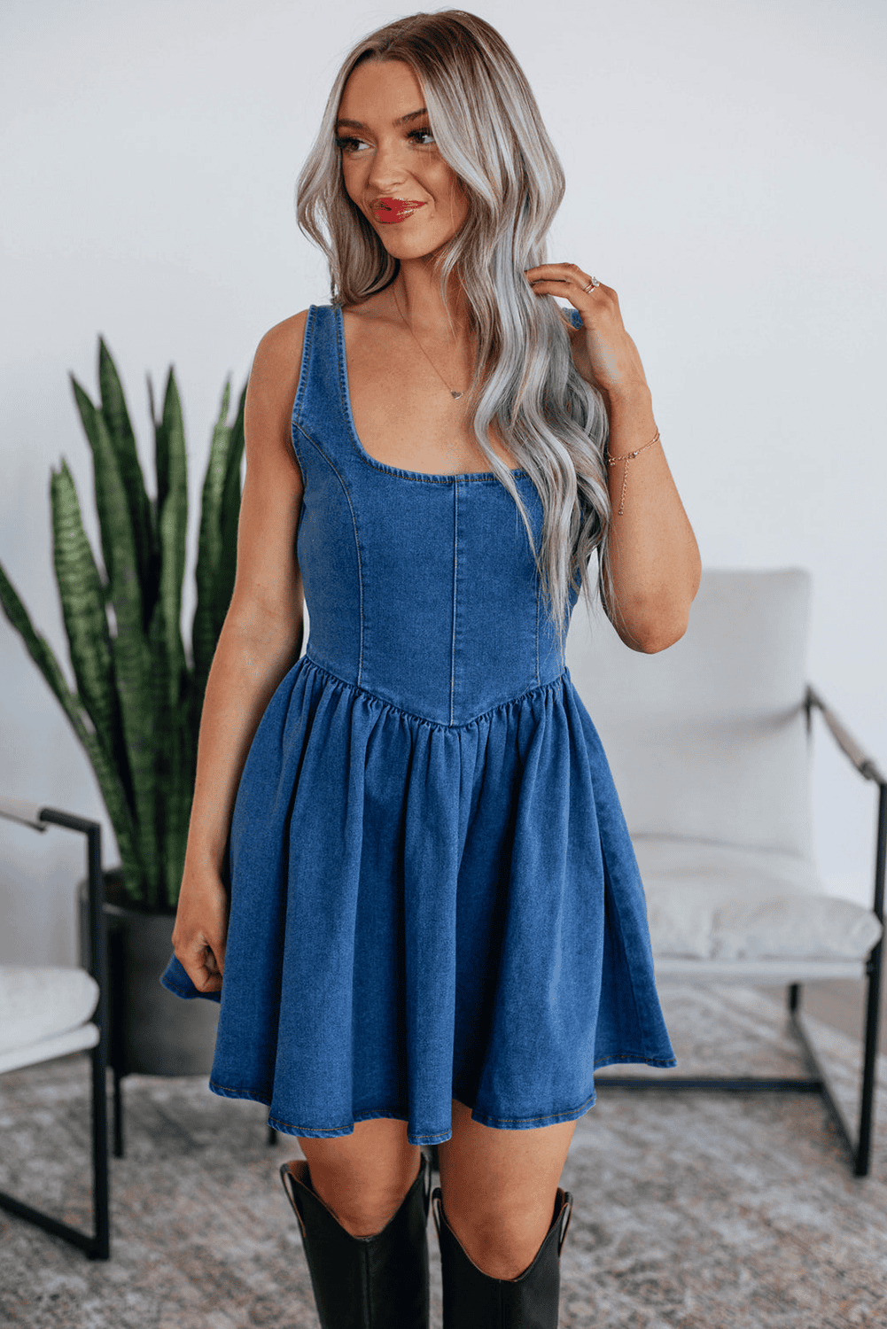 Sail Blue Square Neck Bowknot A-Line Sleeveless Denim Dress