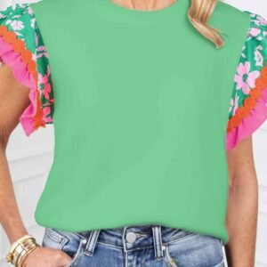 Light Green Contrast Ricrac Floral Sleeve Top