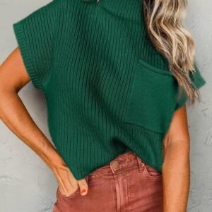 Blackish Green Patch Pocket Ribbed Knit Short Sleeve Sweater