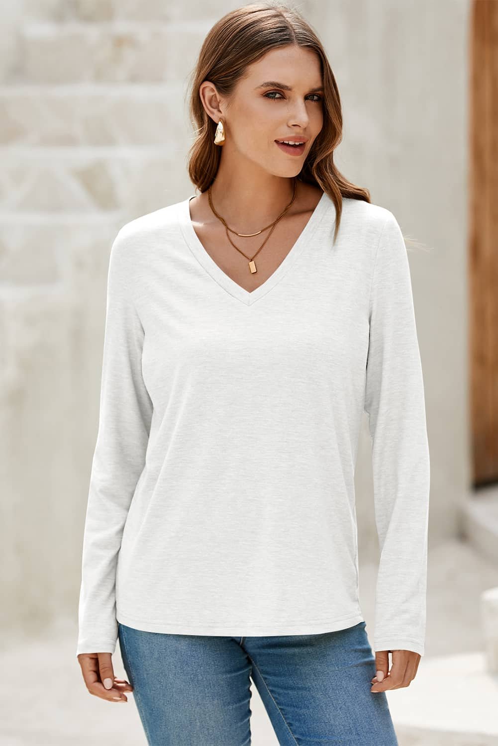 White Solid Color V Neck Long Sleeve Stretchy Top