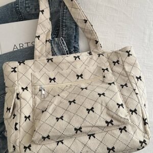 White Bow Knot Plaid Print Large Tote Bag