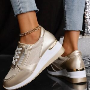 Gold Pu Leather Patchwork Zipper Lace-Up Sneakers