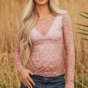 Pink Vintage Floral Print Southern Style Mesh Long Sleeve Top