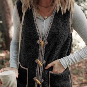 Dark Grey Sherpa Contrast Trim Patch Pocket Cartridge Toggle Button Vest