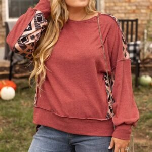 Redwood Burl Aztec Patchwork Drop Shoulder Plus Size High Low Sweatshirt
