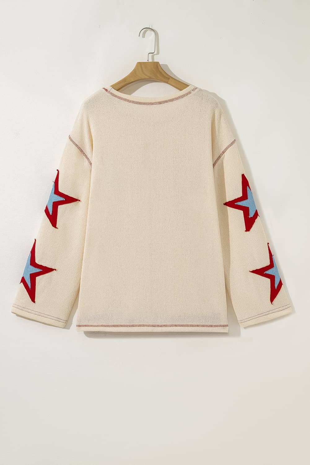 Beige Usa Star Contrast Patchwork Exposed Seam Long Sleeve Top