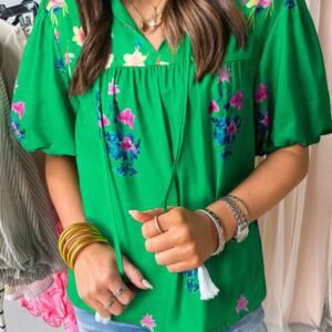 Green Floral Detail Tie Split Neck Short Sleeve Blouse