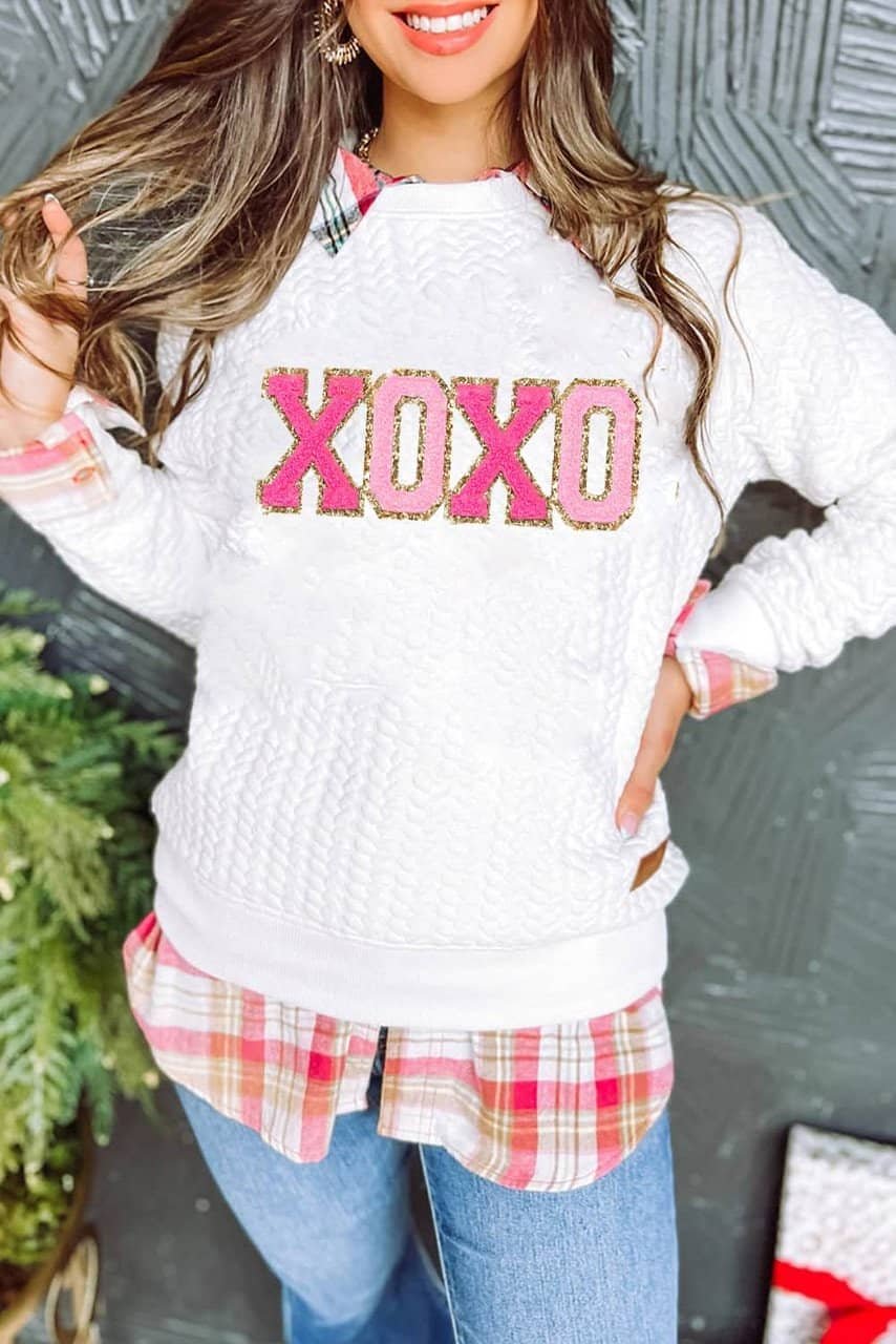 White Xoxo Glitter Chenille Cable Knit Pullover Sweatshirt