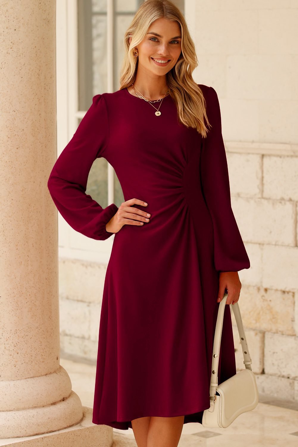 Burgundy Solid Color Ruched Detail Long Sleeve Midi Dress