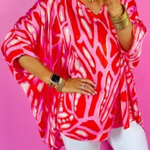 Red Abstract Print V Neck Batwing Sleeve Oversized Blouse