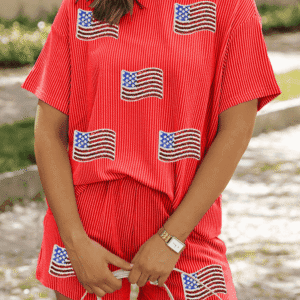 Orange Sequined American Flag Twisted Rib Texture 2Pcs Short Set