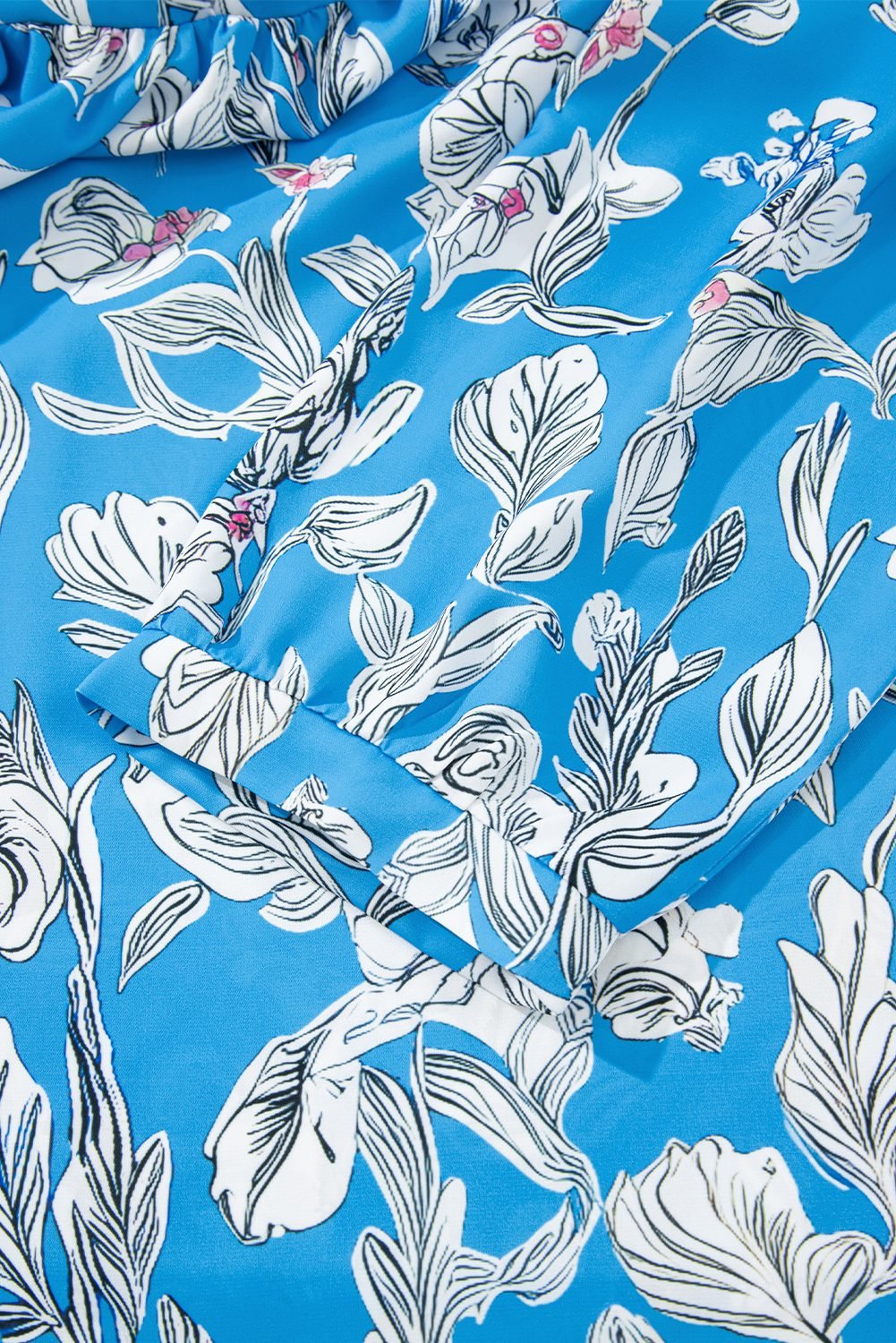 Sky Blue V Neck Floral Print 3/4 Puff Sleeve Blouse