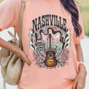 Pink Nashville Music City Guitar Graphic T Shirt