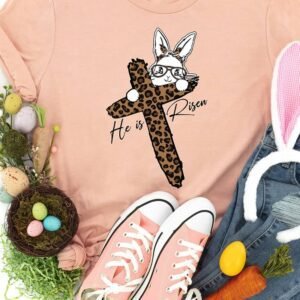 Pink He Is Risen Easter Bunny Leopard Cross Graphic Tee