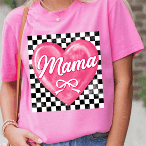 Sachet Pink Checkered Heart Pattern Mama Bow Graphic Tee