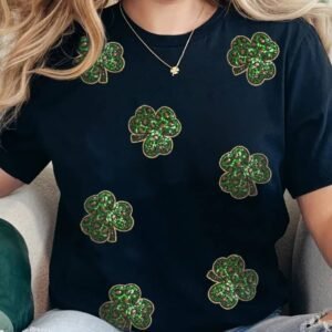 Black Sequin Leopard Clover Graphic Crewneck St Patrick Tee