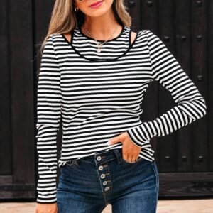 Black Stripe Double-Layer Cold Shoulder Long Sleeve Top
