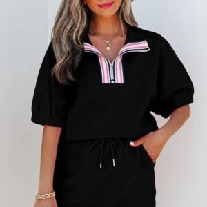 Color Black Striped Collared Zip Up Textured Skirt Set