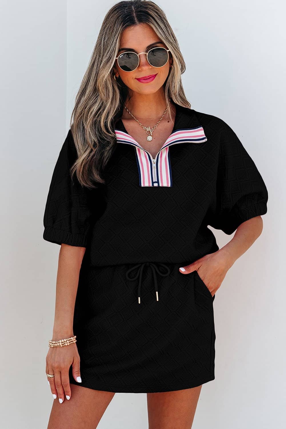 Color Black Striped Collared Zip Up Textured Skirt Set