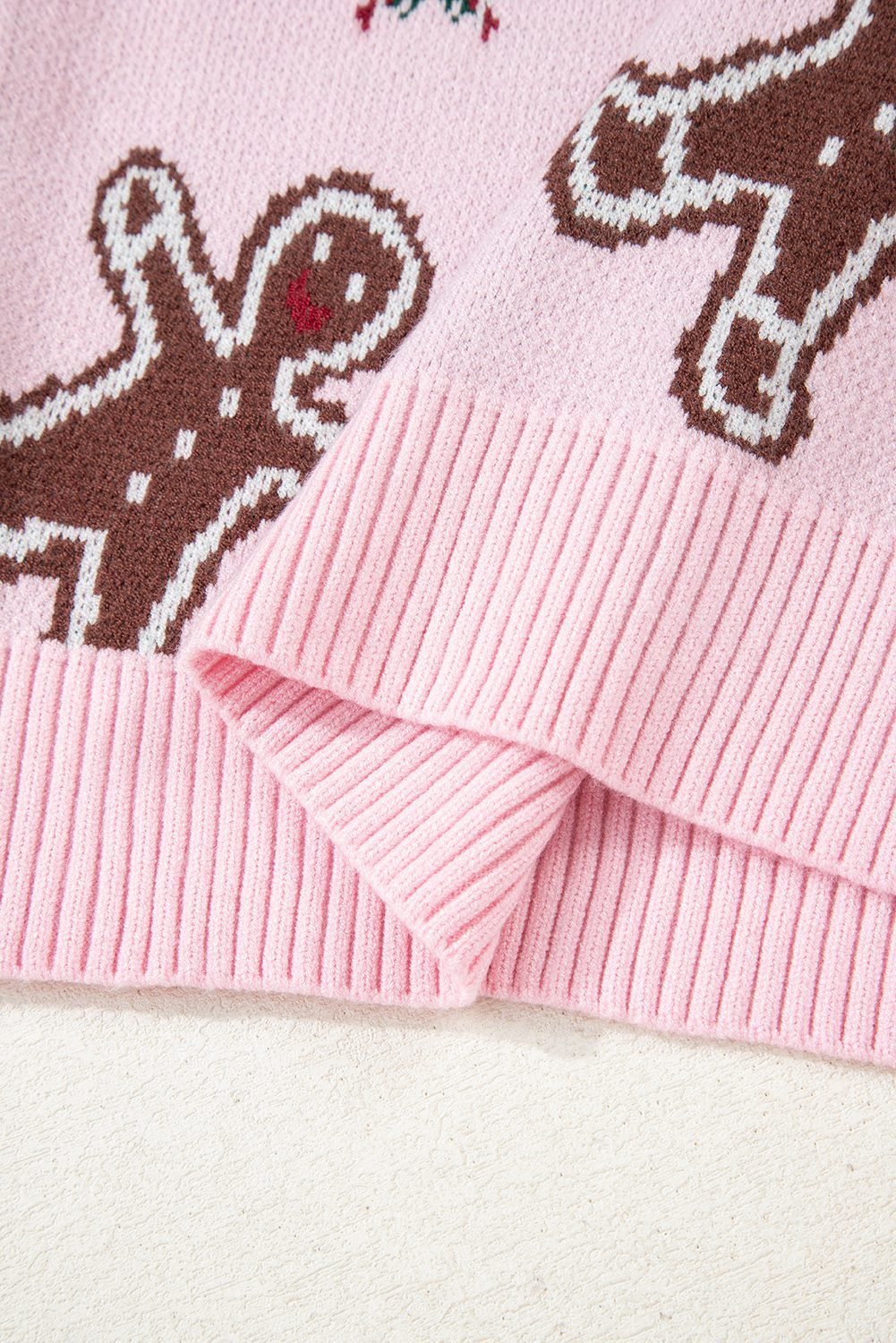 Pink Christmas Ginger Bread Man Print Round Neck Casual Sweater