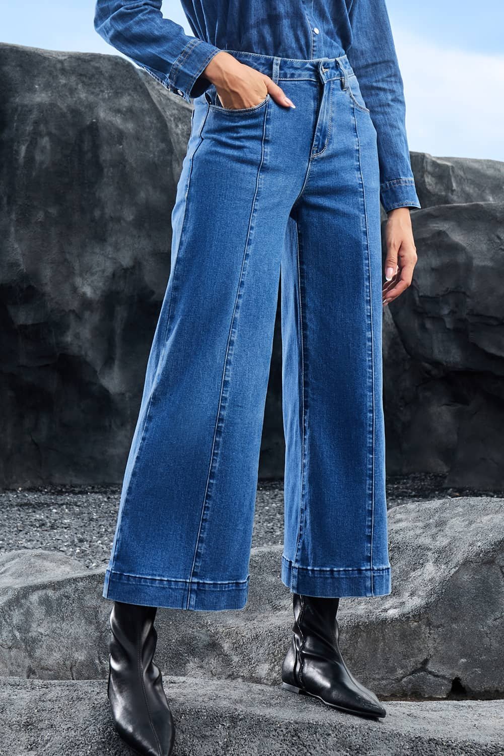 Dark Blue Plain Seam Detail Flared Bottom Ankle Length Jeans