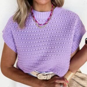 Lavendula Pointelle Knit Ribbed Trim Short Sleeve Sweater