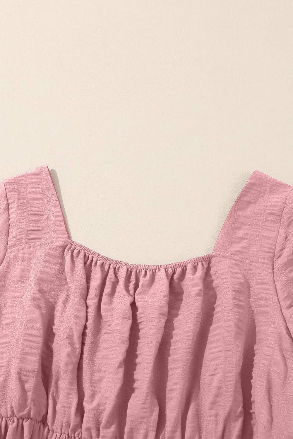 Pink Lace-Up Ruched Front Long Sleeve Ruffle Hem Plus Size Midi Dress