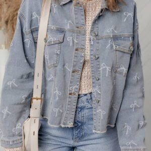 Sky Blue Bow Knot Print Light Wash Raw Hem Denim Jacket