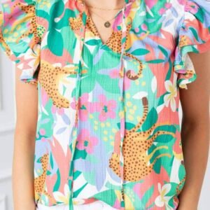 Green Frilly Ruffle Tie Split Neck Summer Floral Blouse