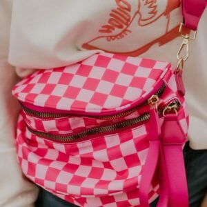 Bright Pink Checkered Print Wide Strap Large Crossbody Bag