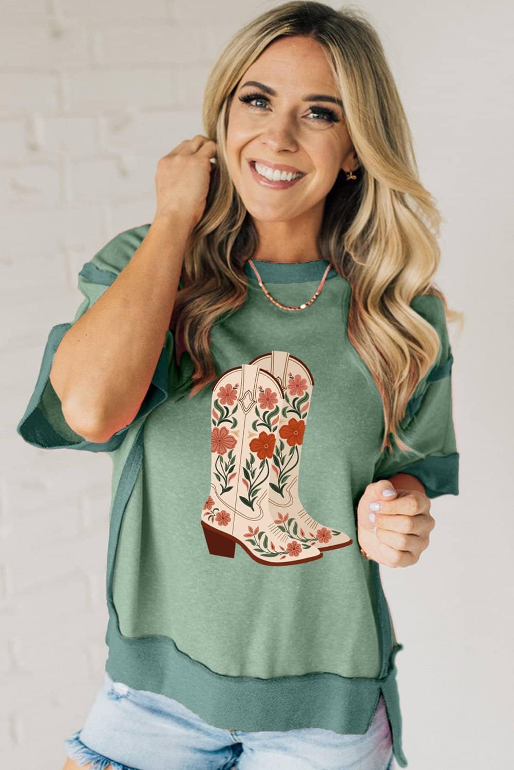 Smoke Green Floral Boots Printed Raw Seam Mix Texture Patchwork Tee