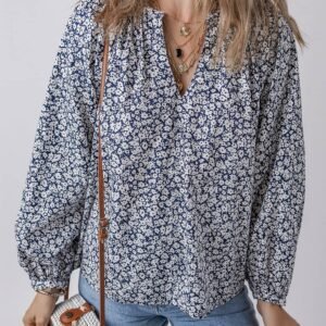 Blue Floral Print Notched V Neck Puff Sleeve Blouse