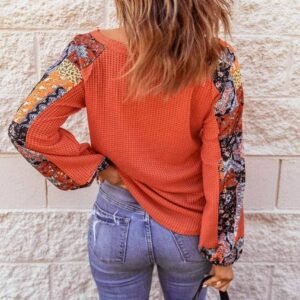 Orange Contrast Eyelet Thermal Knit Top