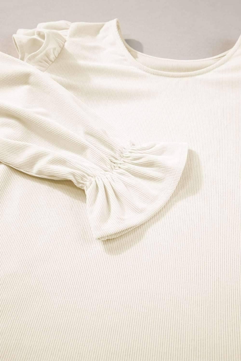 Beige Ruffled Flounce Sleeve Corduroy Blouse