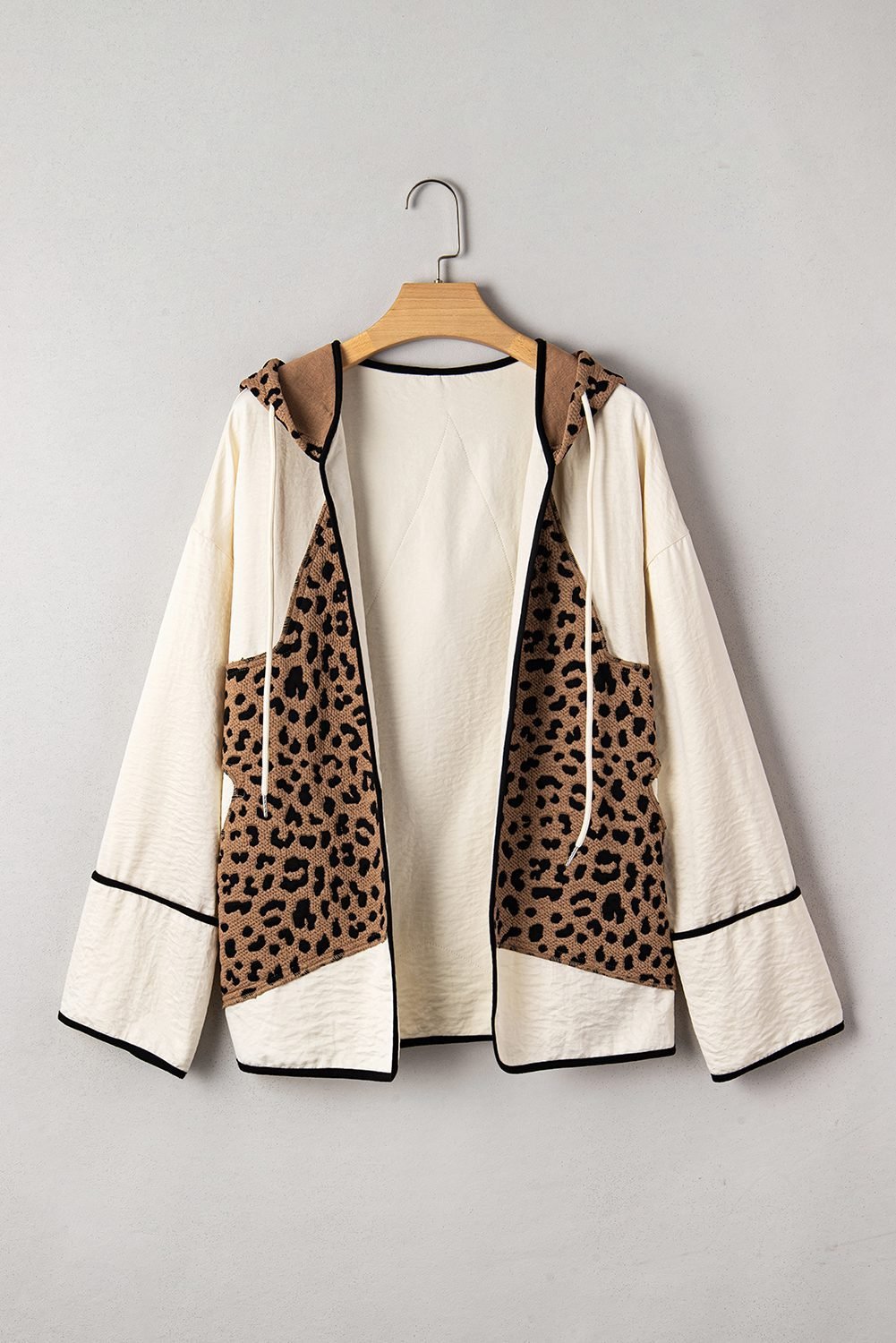 Brown Leopard Star Hooded Patchwork Contrast Piping Open Front Jacket