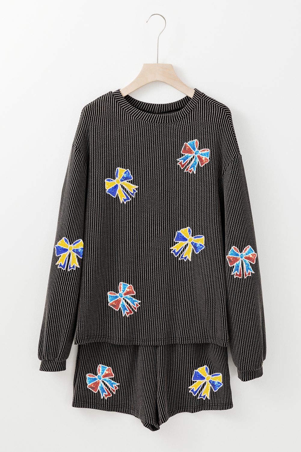 Carbon Grey Colorful Sequin Bow Patched Long Sleeve Top And Shorts Twisted Rib 2Pcs Outfit