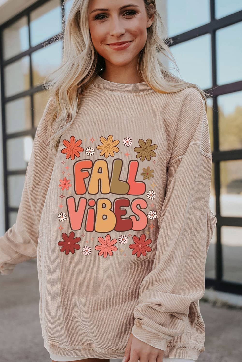 Apricot Twisted Rib Fall Vibe Graphic Baggy Sweatshirt