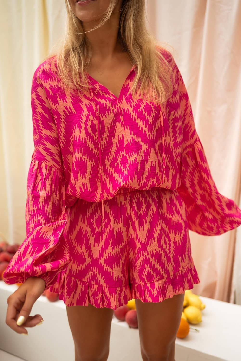 Rose Western Aztec Geometric Print Top And Ruffled Shorts Set