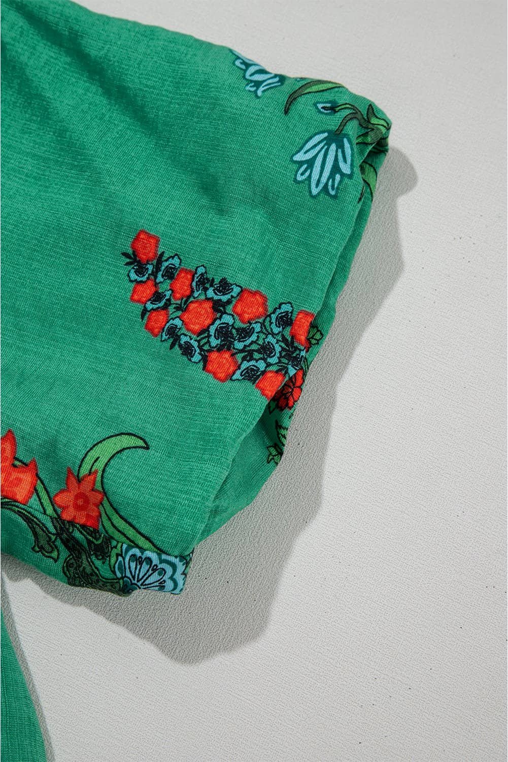 Bright Green Floral Print Buttoned V Neck Short Sleeve Blouse