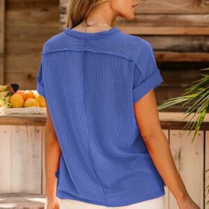 Dark Blue Textured Knit Exposed Stitching T-Shirt
